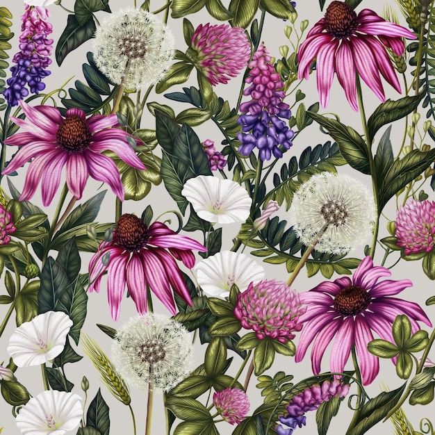Seamless pattern of wildflowers Bindweed echinacea alfalfa clover dandelion Background