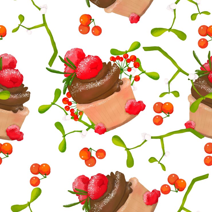 PSD seamless pattern with chocolate cupcakes mistletoe branches and lingonberries watercolor digital