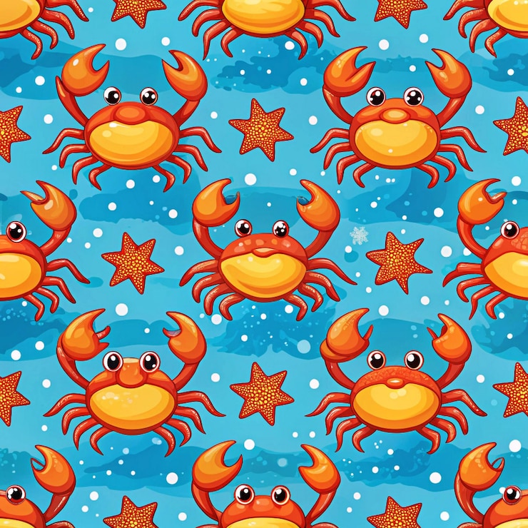 PSD a seamless pattern with crabs and starfish on a blue background