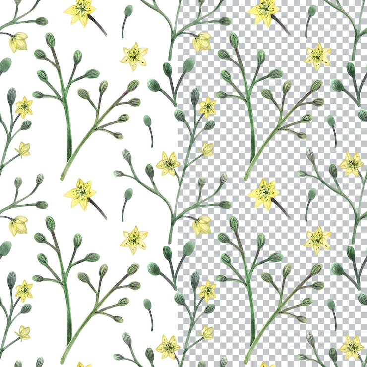 PSD seamless pattern with grass and flowers watercolor hand drawn botanical art