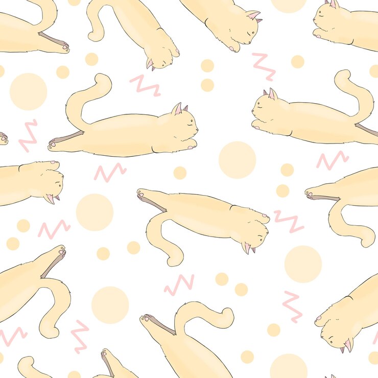 PSD seamless pattern with sleeping light cats and confetti color illustration