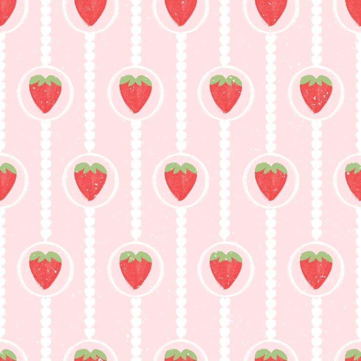PSD seamless pattern with watercolor hand drawn strawberries in circles with hearts in stripes