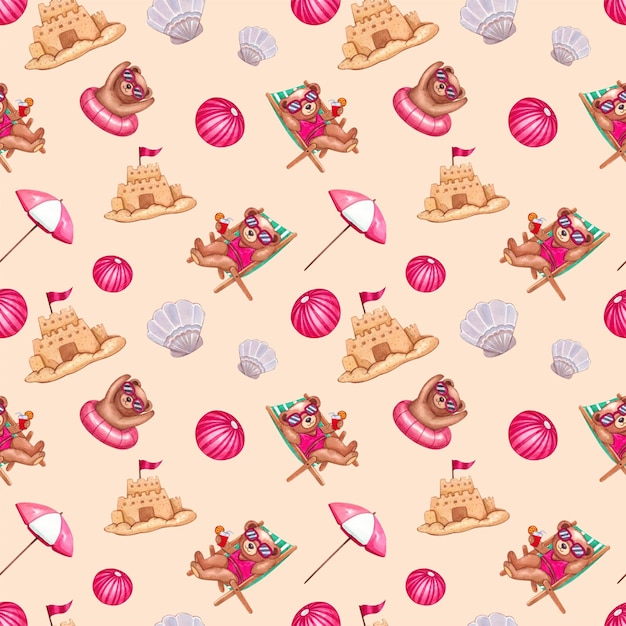 Seamless Playful Bears Relaxing by the Ocean Pattern