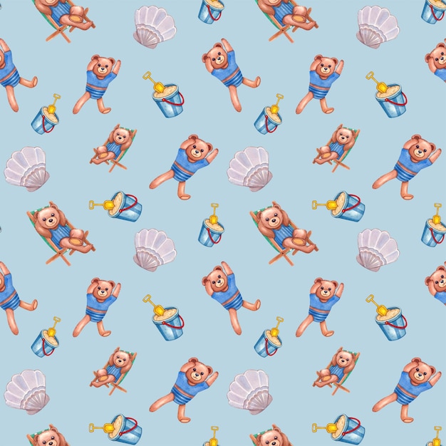 Seamless Relaxing Bears on Vacation by the Beach Pattern