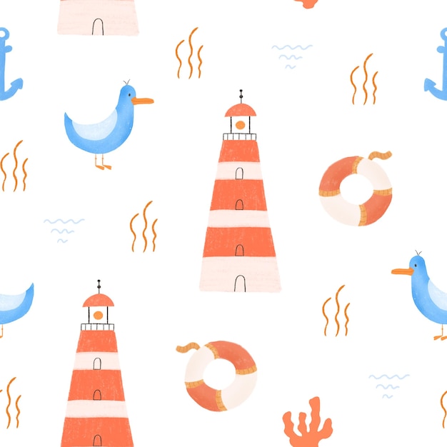 Seamless summer childish pattern with seagull and lighthouse Cute hand drawn design
