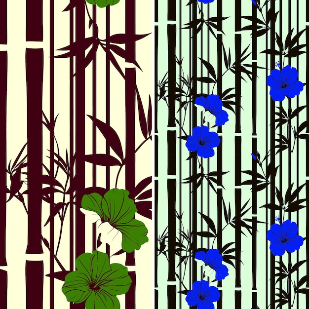 Piastrelle senza cuciture foglie di ibisco vibranti con silhouette di bambù acuta e inchiostro di tatuaggio artistico a disegno geografico