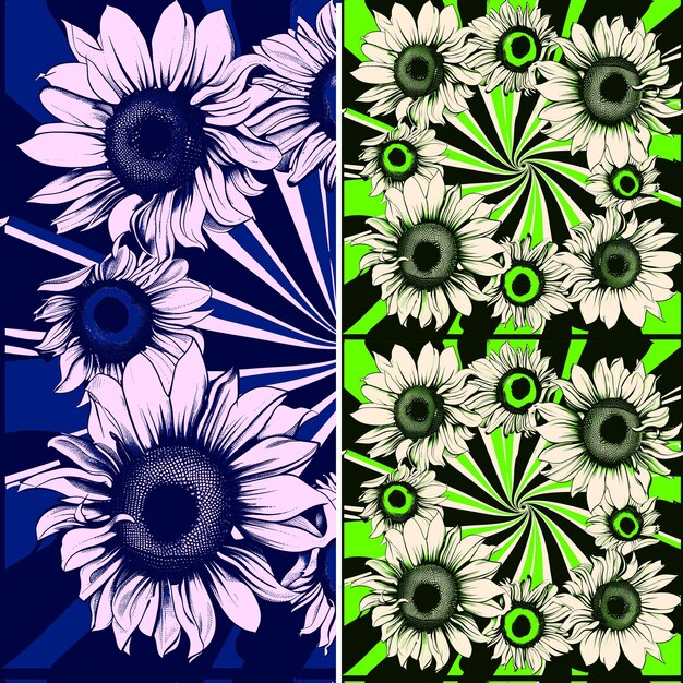 PSD seamless tile vibrant sunflower flowers with sunray shapes and pop art des pattern art tattoo ink