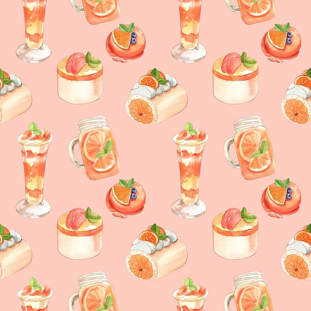 Seamless watercolor illustration of orange juice smoothie and orangeflavored cake