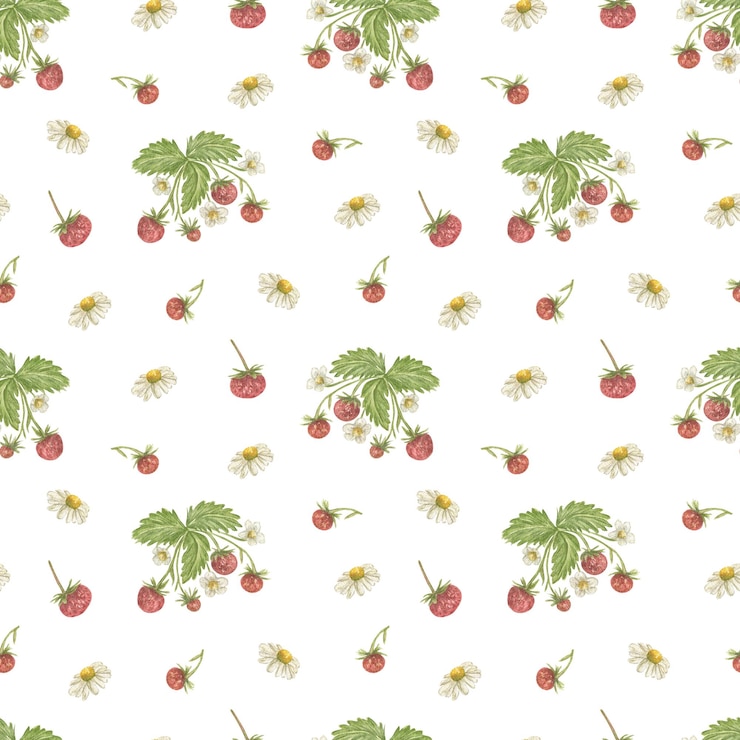 PSD seamless watercolor pattern with strawberries and chamomile flowers delicate botanical background