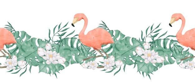 Seamless Watercolor Tropical Border with Pink Flamingo White Lotus Flowers Illustration