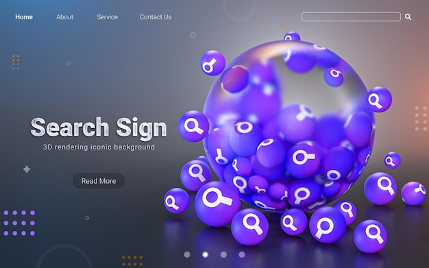 Search sign abstract glass bubble iconic background for social banner poster template 3d rendering