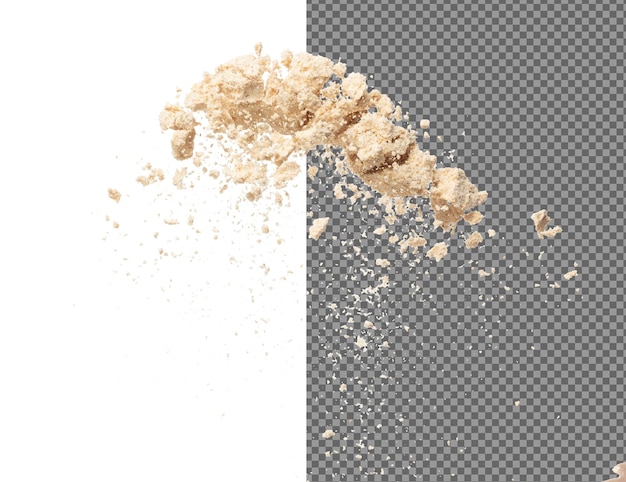 Esplosione di polvere di condimento volante beige marrone polvere di seasoning ondata che galleggia cadere in aria la polvere di seasoning è materiale elemento ombra degli occhi per il make-up artist sfondio bianco isolato