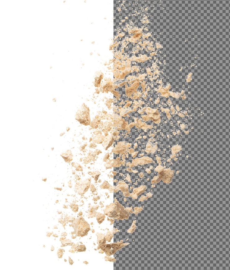 PSD 味粉の爆発が空を飛ぶベージュ茶色の味粉波が空中に浮かんで落ちる 味脂粉は元素の材料です メイクアップアーティストの眼影を粉します 白い背景 孤立しています