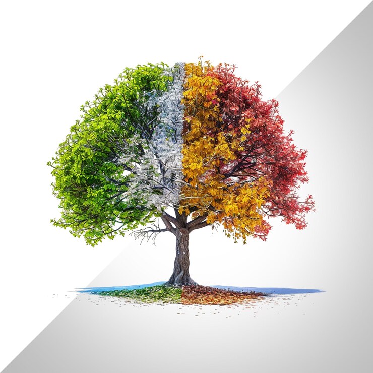 PSD seasons in one tree show a single tree experiencing isolated on transparent background
