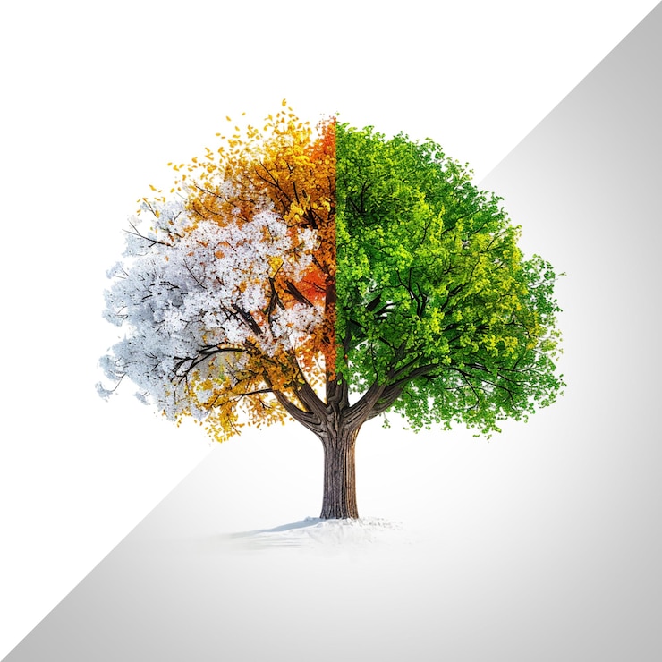PSD seasons in one tree show a single tree experiencing isolated on transparent background