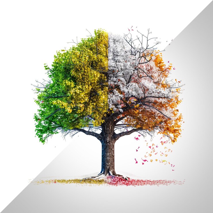 PSD seasons in one tree show a single tree experiencing isolated on transparent background
