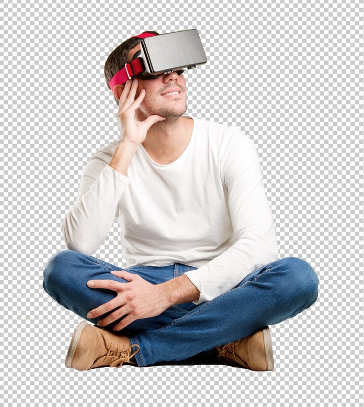 PSD seated young man using a virtual reality glasses