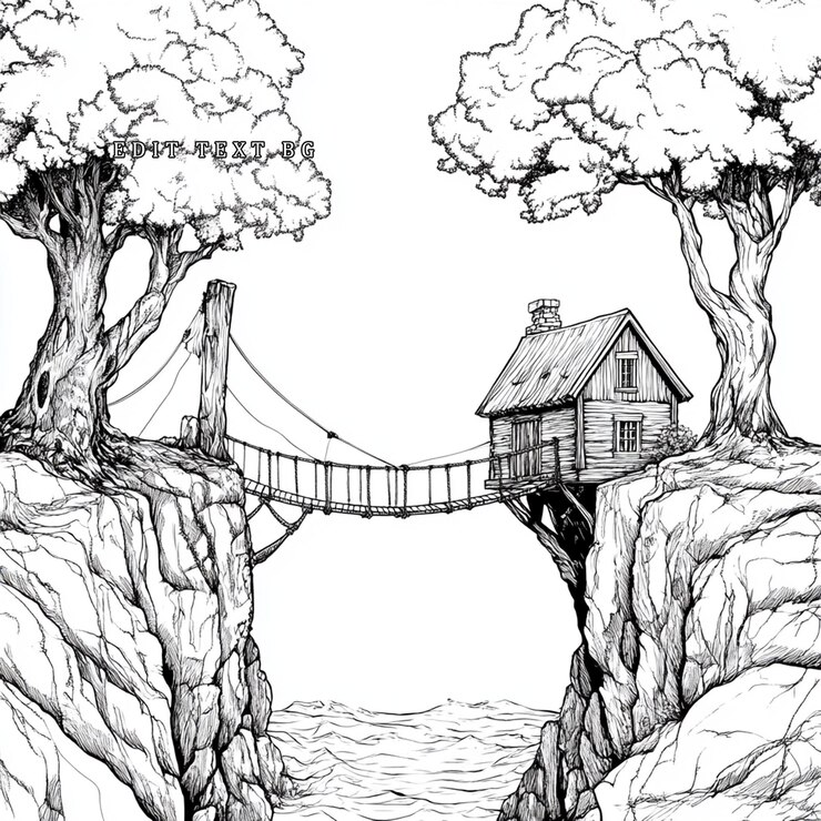 PSD secluded cabin on cliff connected by rope bridge