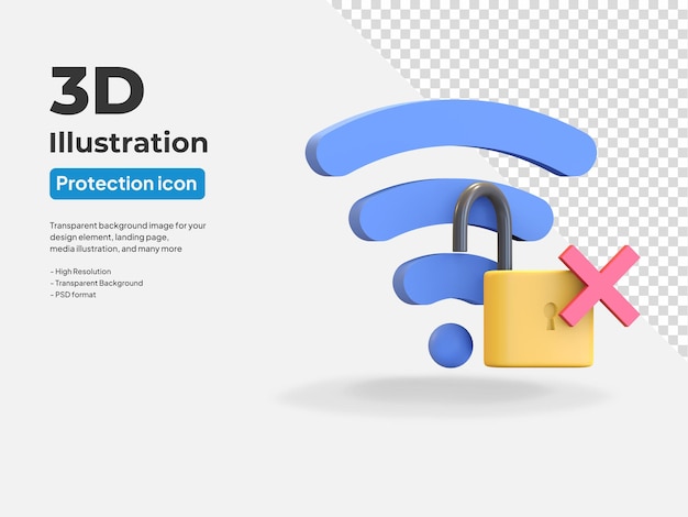 잠금 해제된 자물쇠 및 교차 표시 3d 렌더링 그림이 있는 보안되지 않은 Wi-Fi 아이콘 핫스팟