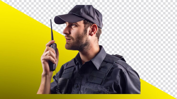 PSD security guard communicating via walkie talkie