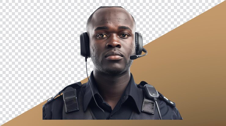PSD security guard wearing a headset for real time communication in modern urban environment