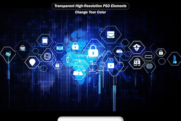 PSD security key lock icon digital display over the world map and hexagon shape on matrix