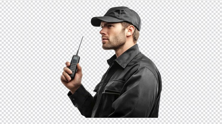 PSD security officer communicating with a walkietalkie while monitoring a location during the day