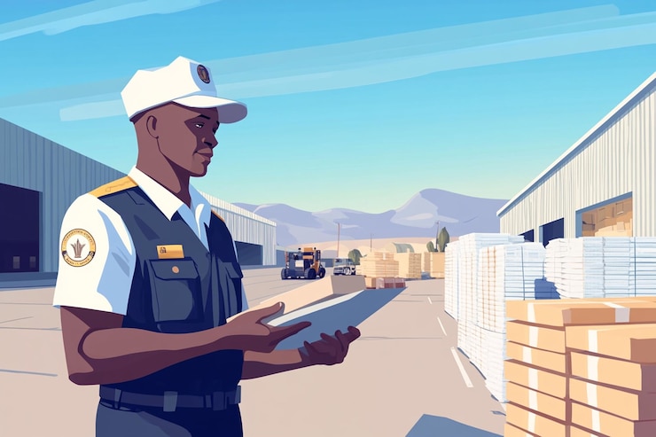 PSD security officer inspecting goods at a large warehouse
