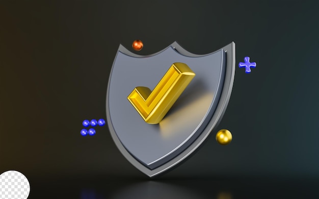 PSD security shield check mark sign on dark background 3d render concept for protection service