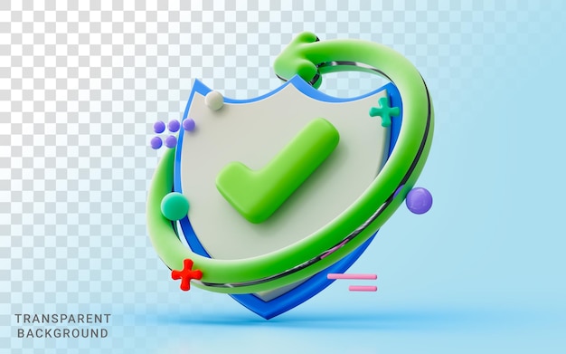 PSD 회전 화살표 3d 일러스트와 함께 보안 방패 확인 표시 업데이트 새로 고침 화살표가 있는 반복 실행 취소