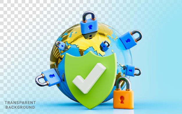 Security shield check mark with world lock sign 3d illustration global country location lockdown