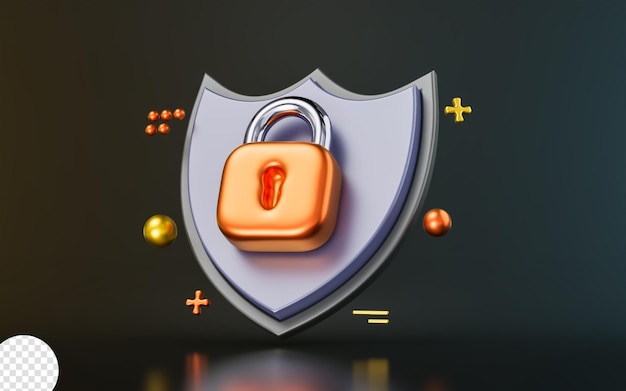 security shield padlock sing on dark background 3d render concept for safety protocell