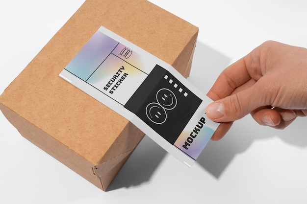 security sticker mockup on a box