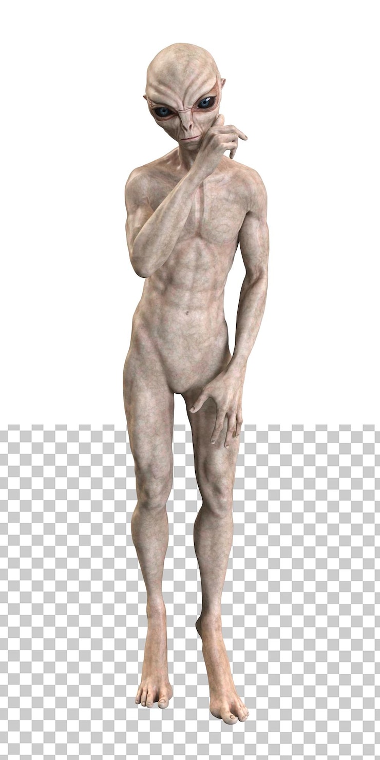 PSD şeffaf arka planda gri uzaylı 3d render
