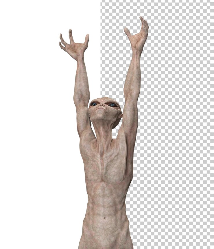 PSD şeffaf arka planda gri uzaylı 3d render