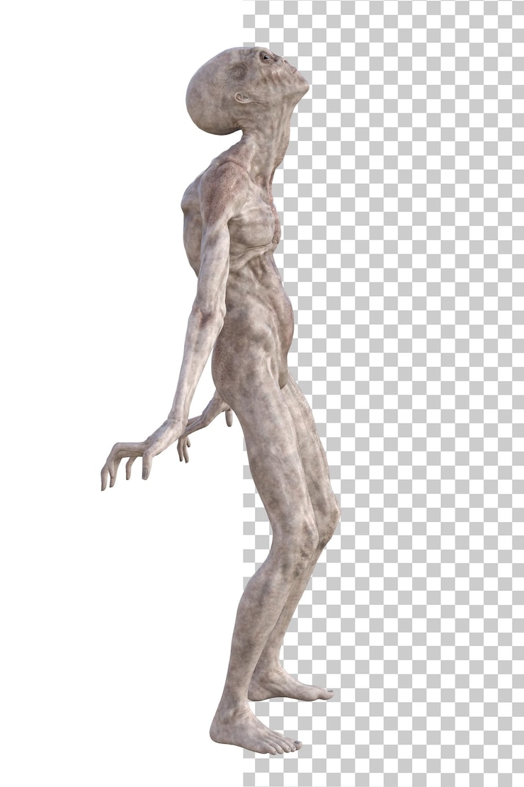PSD şeffaf arka planda gri uzaylı 3d render
