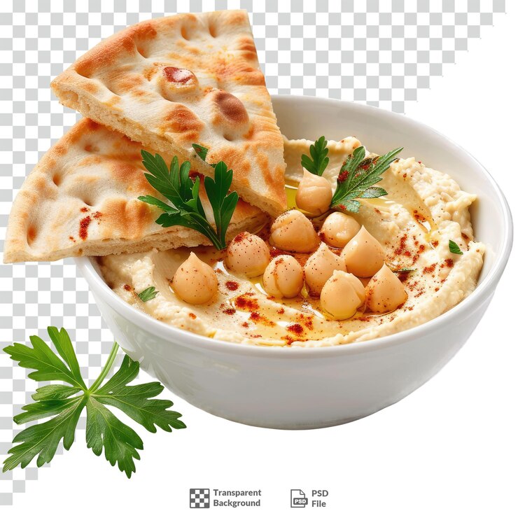 PSD şeffaf arka planlı pide ekmeği ile bir kase humus