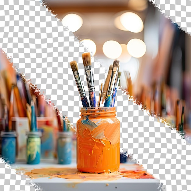 Selective focus on a bright orange tube of oil paint surrounded by paint brushes in an artist s spring studio