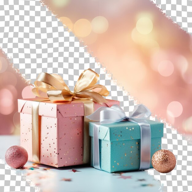 PSD selective focus christmas gift box with emblazoned objects transparent background