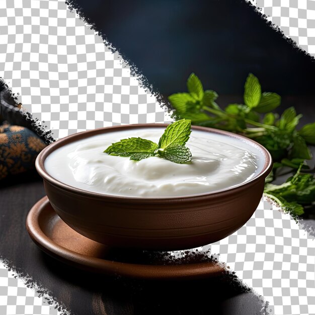 PSD selective focus used for serving plain curd or yogurt known as dahi in hindi in a bowl over a moody background