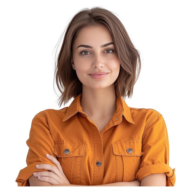 PSD selfconfident person worker friendly smile good mood wear orange office shirt