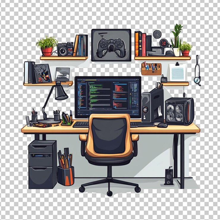 PSD semi realistic complete geek workspace vector on transparent background