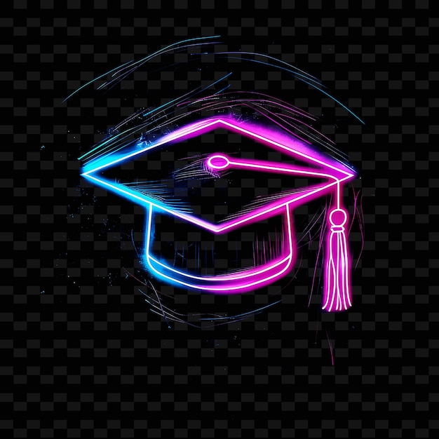 PSD semi transparent neon pulsating graduation cap icon with han outline y2k shape trending decorative