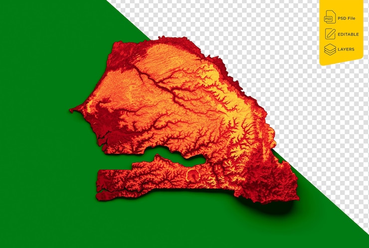 PSD senegal map flag colors red and yellow shaded relief map on green background 3d illustration