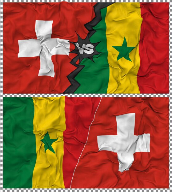 Senegal versus Zwitserland Half Combined Flag Cloth Bump Texture 3D Rendering