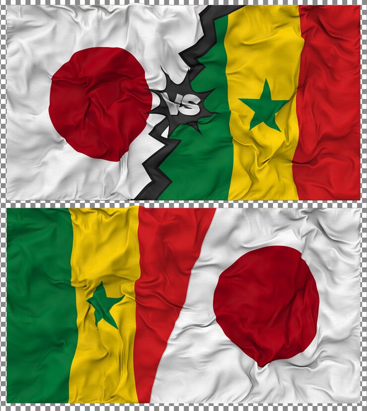 PSD senegal vs japan half combined flag cloth bump texture 3d rendering