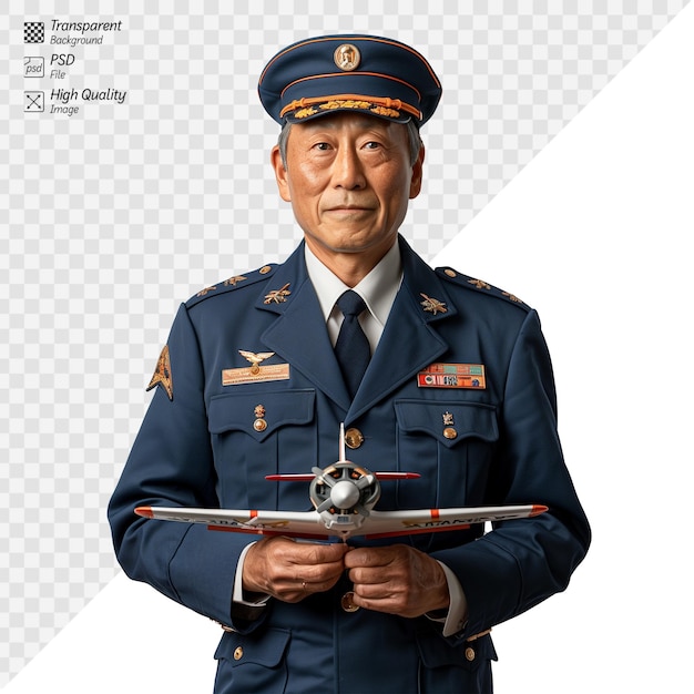 PSD senior air force officer holding model airplane on transparent background