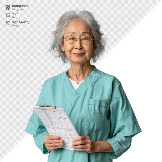 PSD senior asian female doctor with clipboard on transparent background