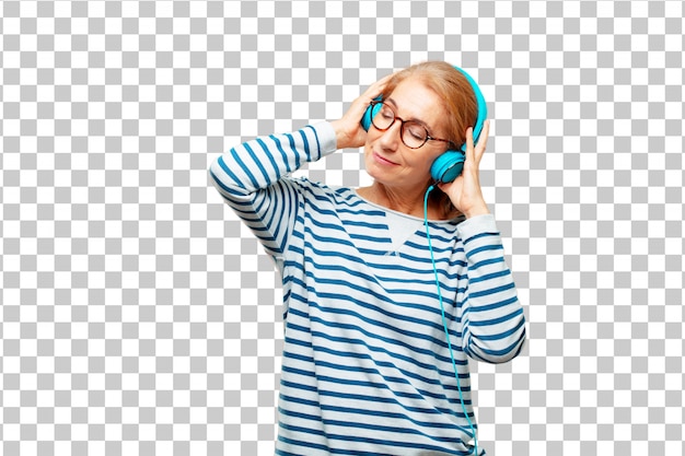 senior beautiful woman listening music with a headphones