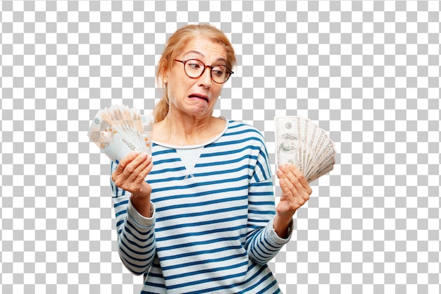 PSD senior beautiful woman pay, buying or money concept